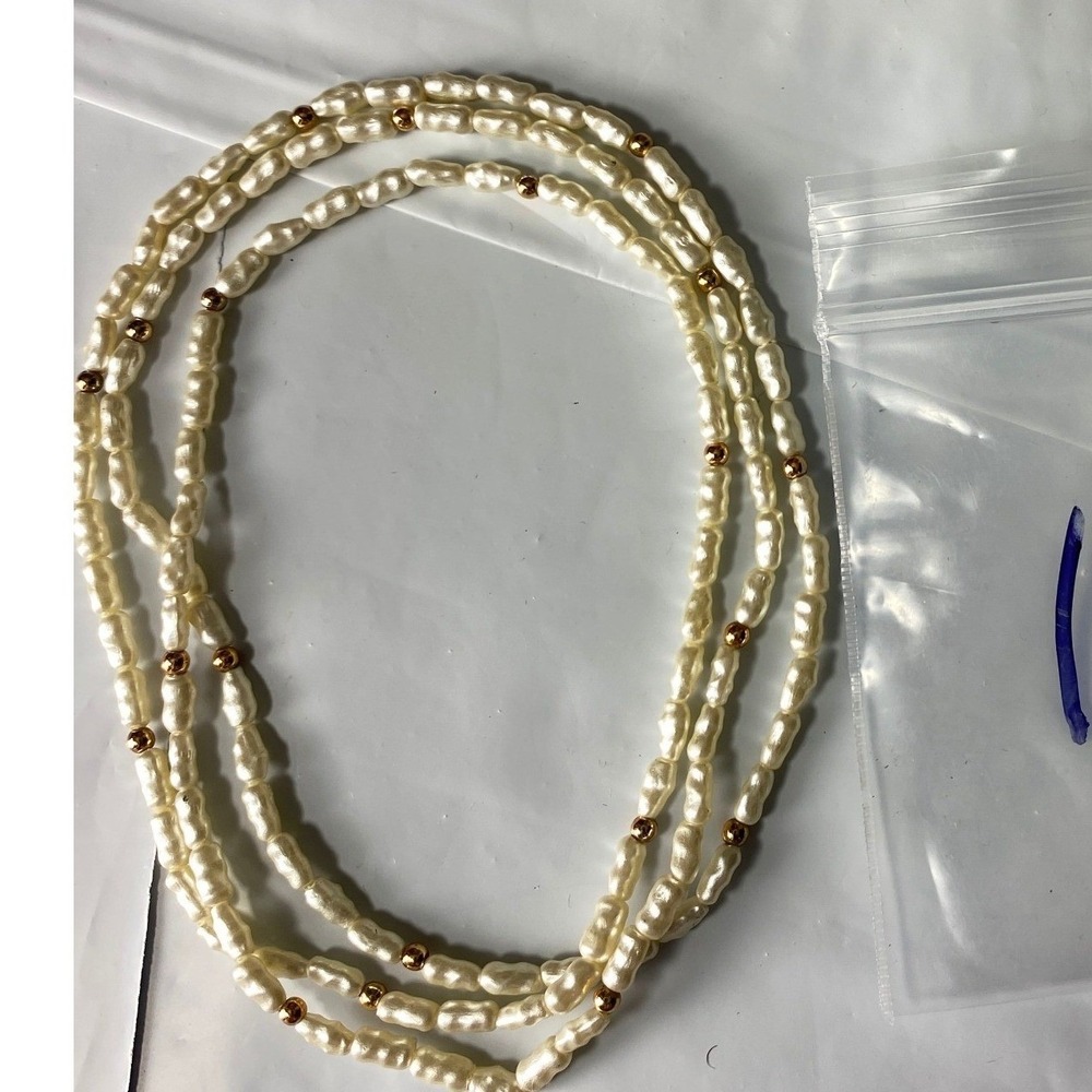 Triple Strand Seed Bead‎ Necklace Cream Gold Tone Accents Layered Statement